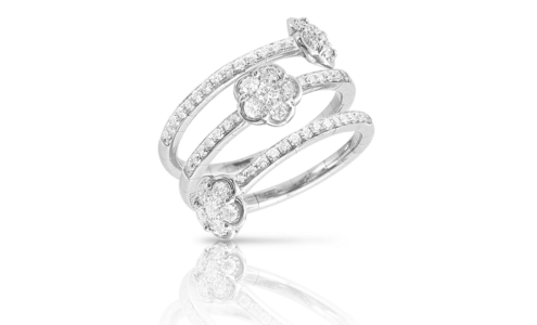 A white gold sculptural ring from Pasquele Bruni with a floral motif, available at Kirk Jewelers.