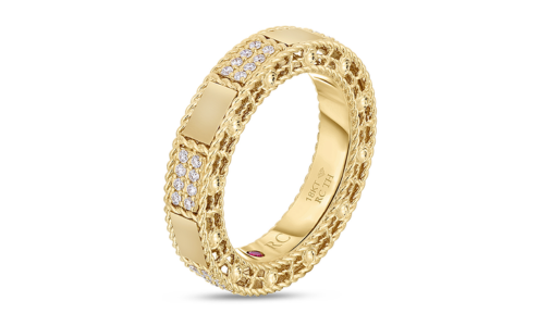 An elegant and detailed yellow gold band from Roberto Coin, available at Kirk Jewelers.