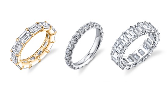 Three Kirk Bridal eternity wedding bands featuring diamonds, available at Kirk Jewelers.