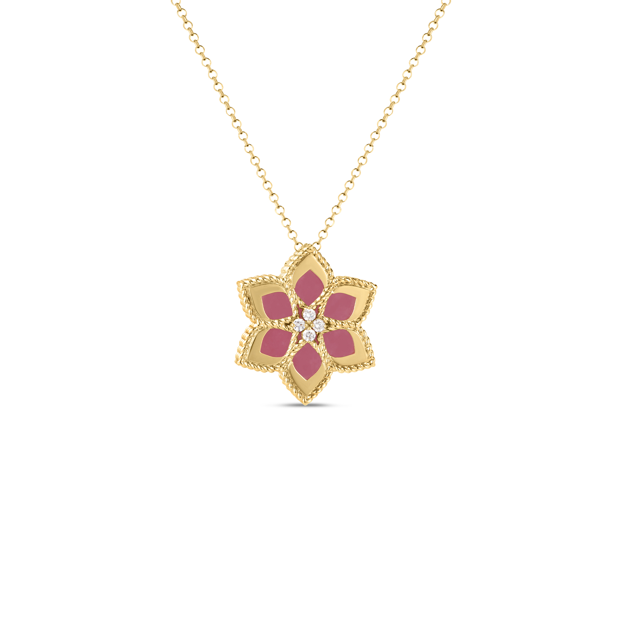 A yellow gold flower shaped pendants with pink opal and diamond accents