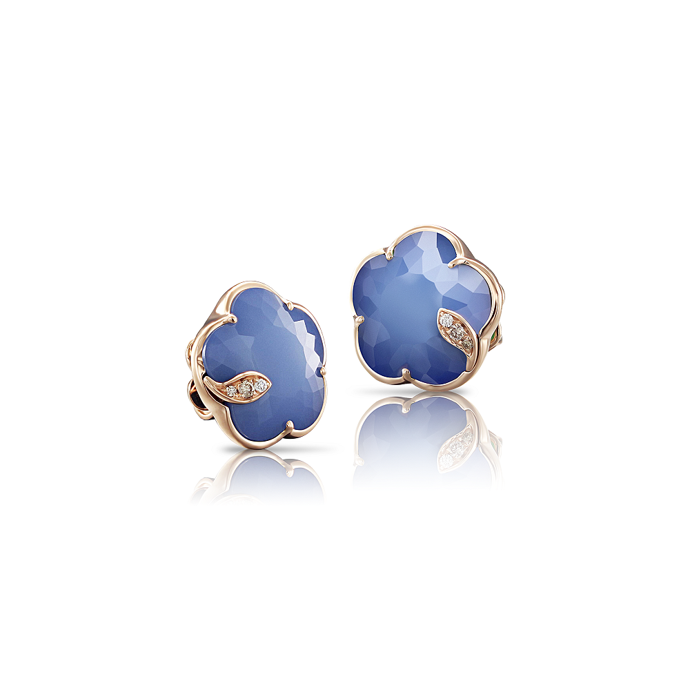 A white agate and lapis lazuli stud earrings with diamond accents