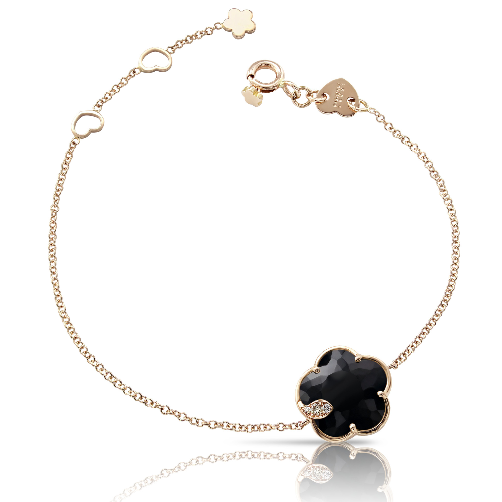 A rose gold onyx chain bracelet with diamond accents