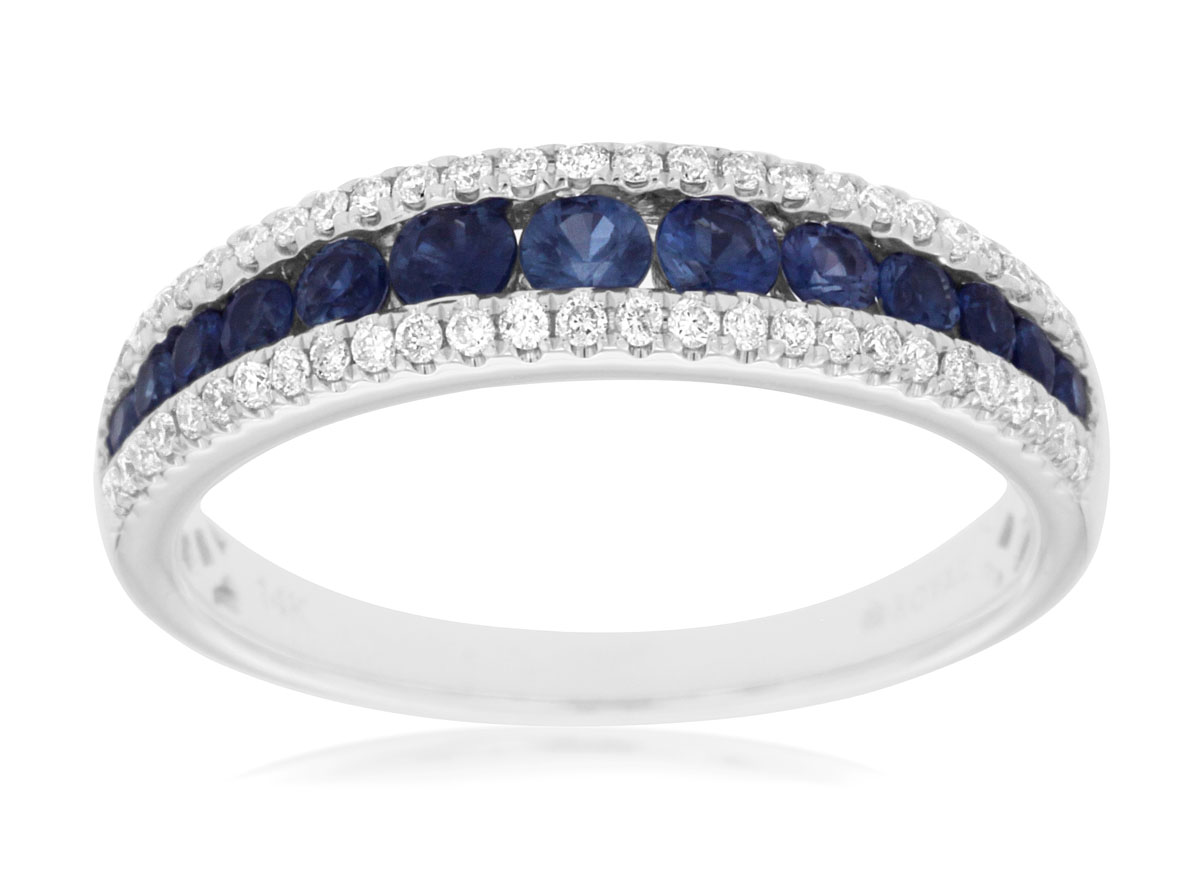 A white gold diamond and sapphire band
