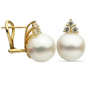 A pair of pearl and diamond stud earrings from Kirk Jeweler’s in-house collection.