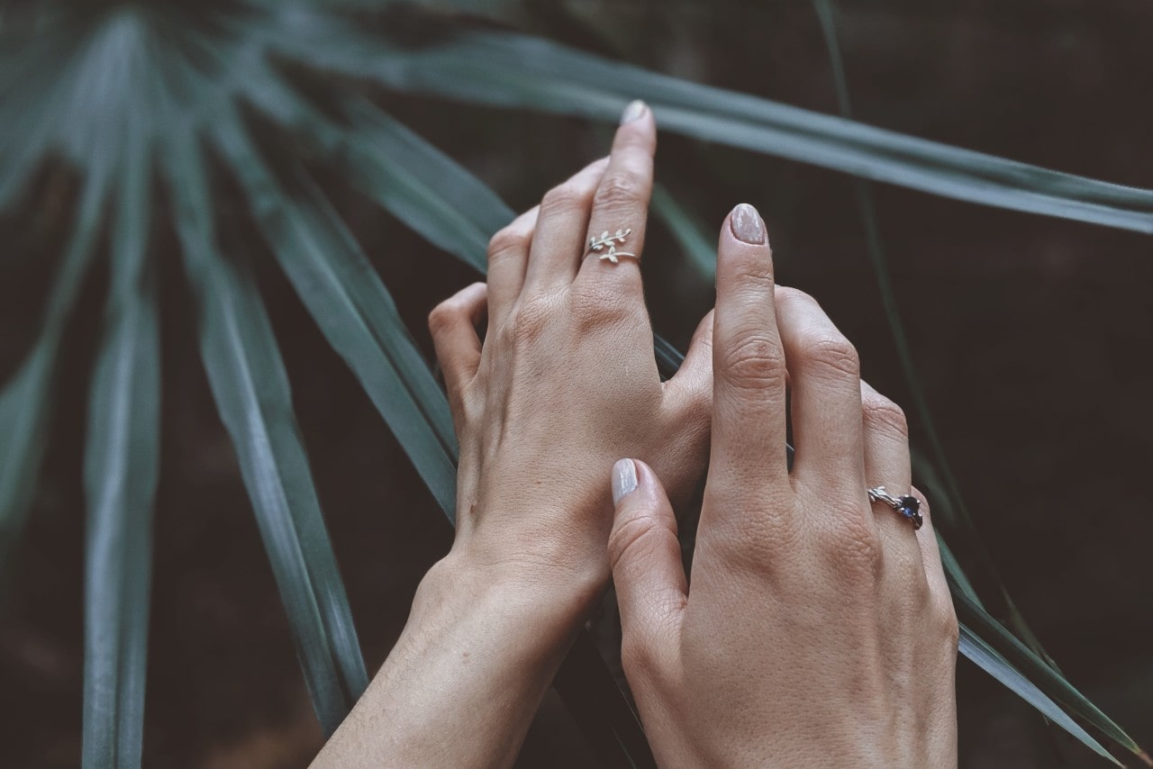 A woman’s hands wearing rings stretch toward a palm leaf.