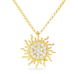 A sun motif pendant from Roberto Coin features diamonds and yellow gold.