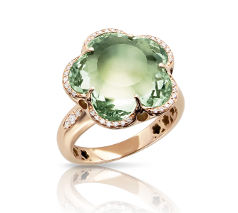 A cocktail ring with a floral motif and a prasiolite gemstone from Pasquale Bruni. 
