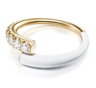 A wrap-around fashion ring features gold, diamonds, and white enamel from the Melissa Kaye Lola collection.