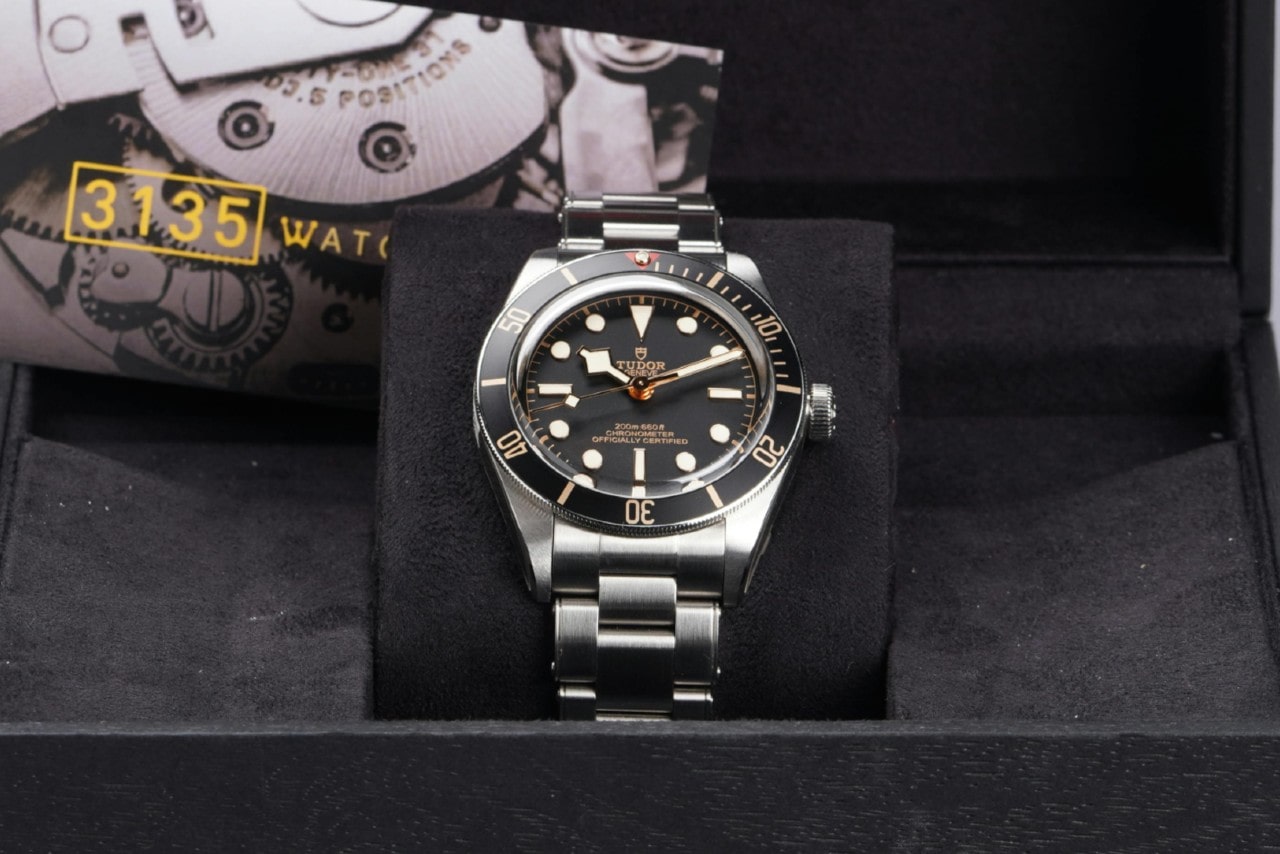 a silver and black TUDOR Black Bay watch in a black watch box