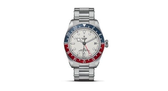 a silver, red, blue, and white TUDOR Black Bay GMT watch