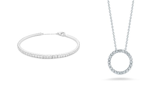 a white gold diamond bangle paired with a white gold diamond circle necklace