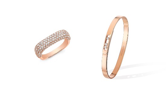 a rose gold pave diamond ring paired with a rose gold diamond bangle