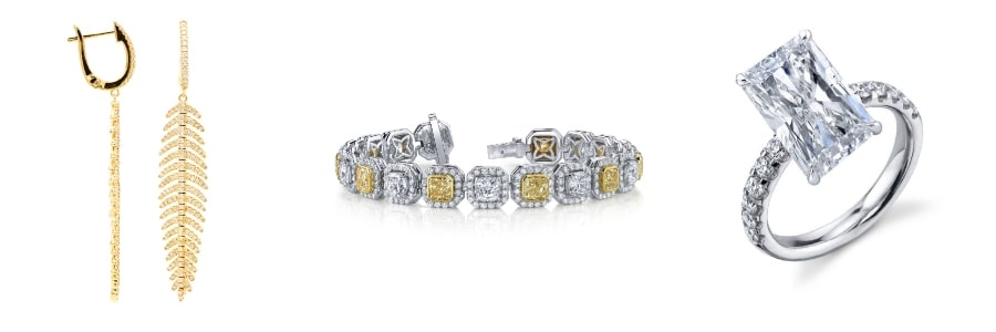 A selection of Kirk Jeweler’s in-house collections, from earrings to engagement rings.
