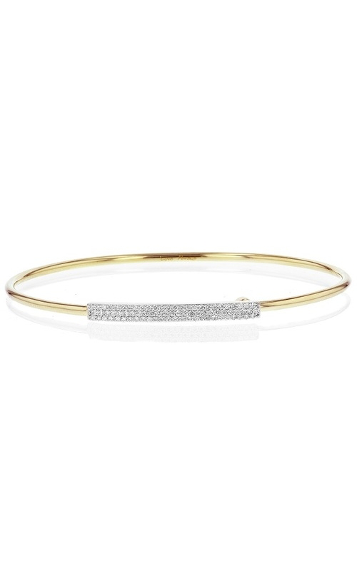 A slender yellow gold bangle bracelet featuring a central horizontal bar pave-set with small white diamonds.