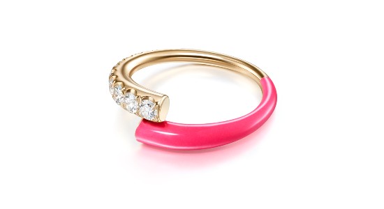 a rose gold ring with pink enamel and diamond accents