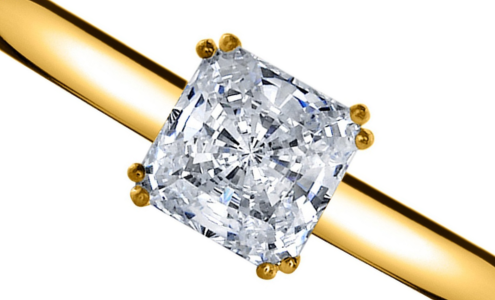 A simple yet stunning yellow gold solitaire engagement ring with a princess cut center stone, available at Kirk Jewelers.