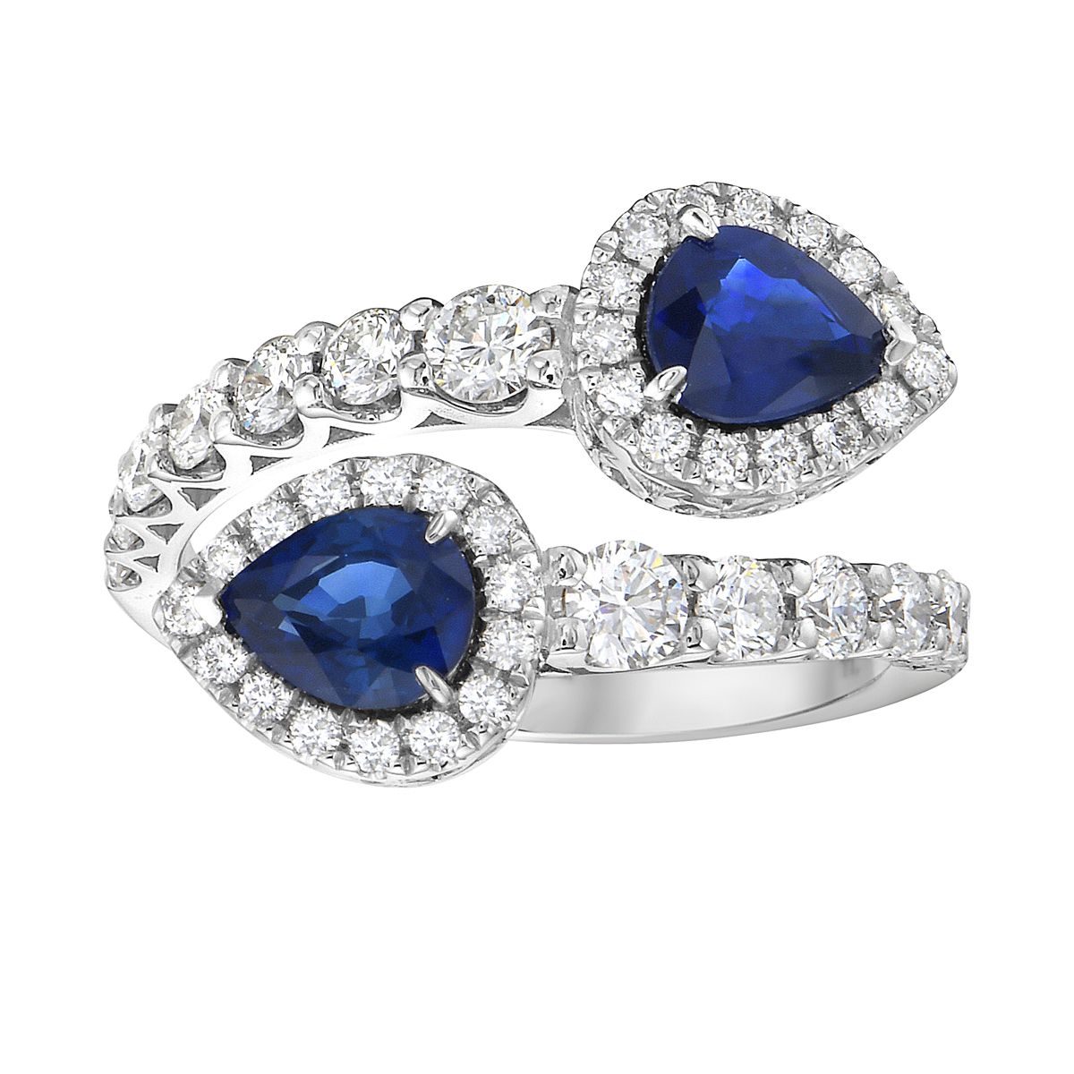A white gold diamond and pear shaped blue sapphire stacking ring