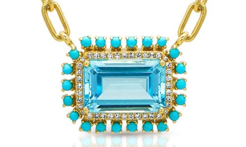 Turquoise and topaz pendant with yellow gold accents by Anne Sisteron.