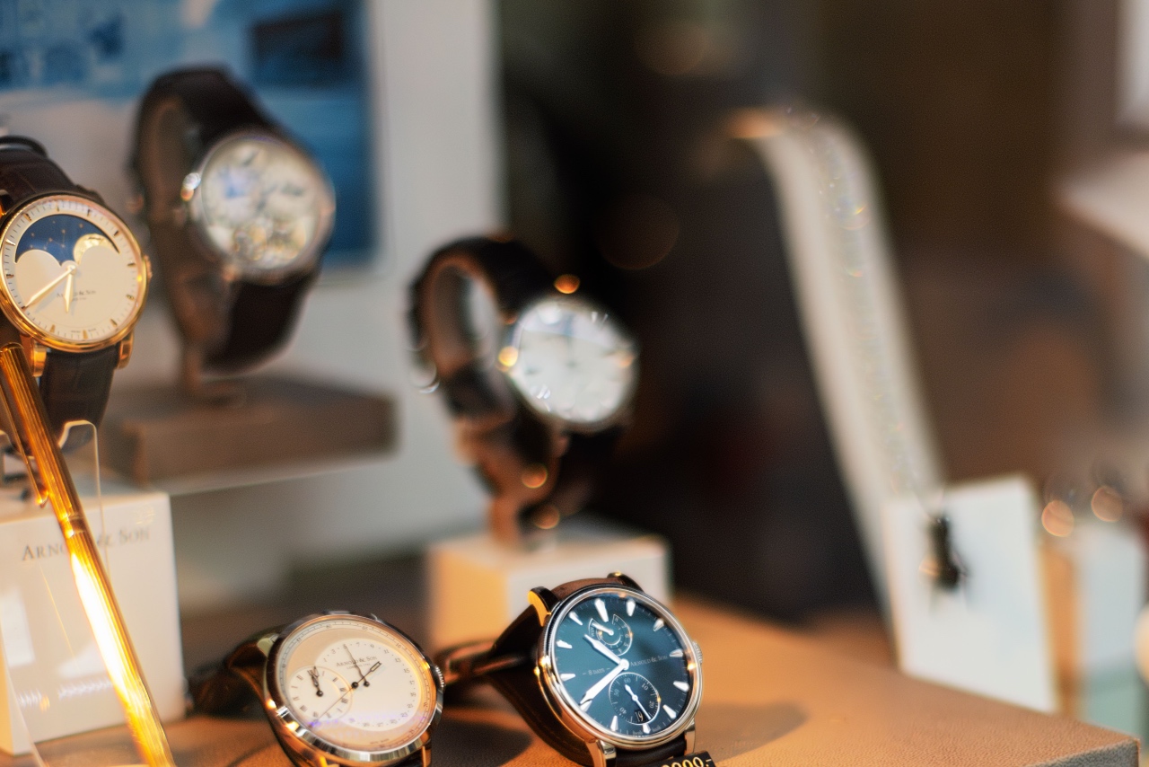 A watch display showcasing luxury watches.