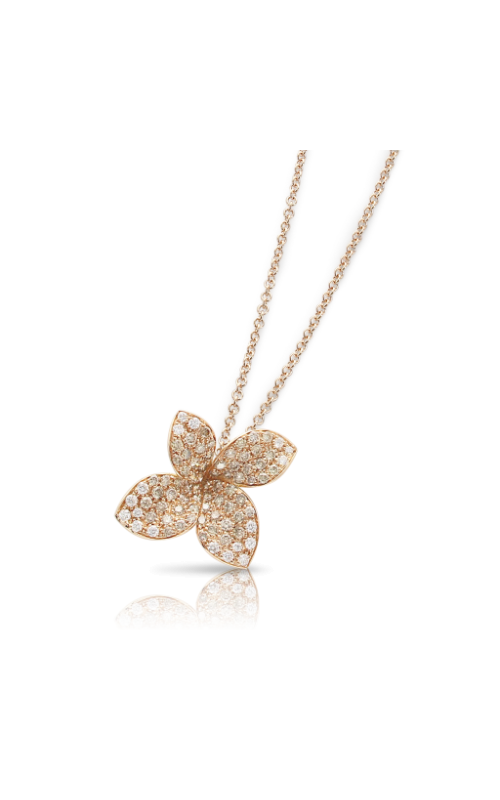A rose gold diamond necklace featuring a four-petal flower pendant.