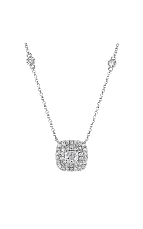 A white gold chain necklace showcasing a cushion-cut diamond center stone framed by a double square halo of smaller round diamonds.