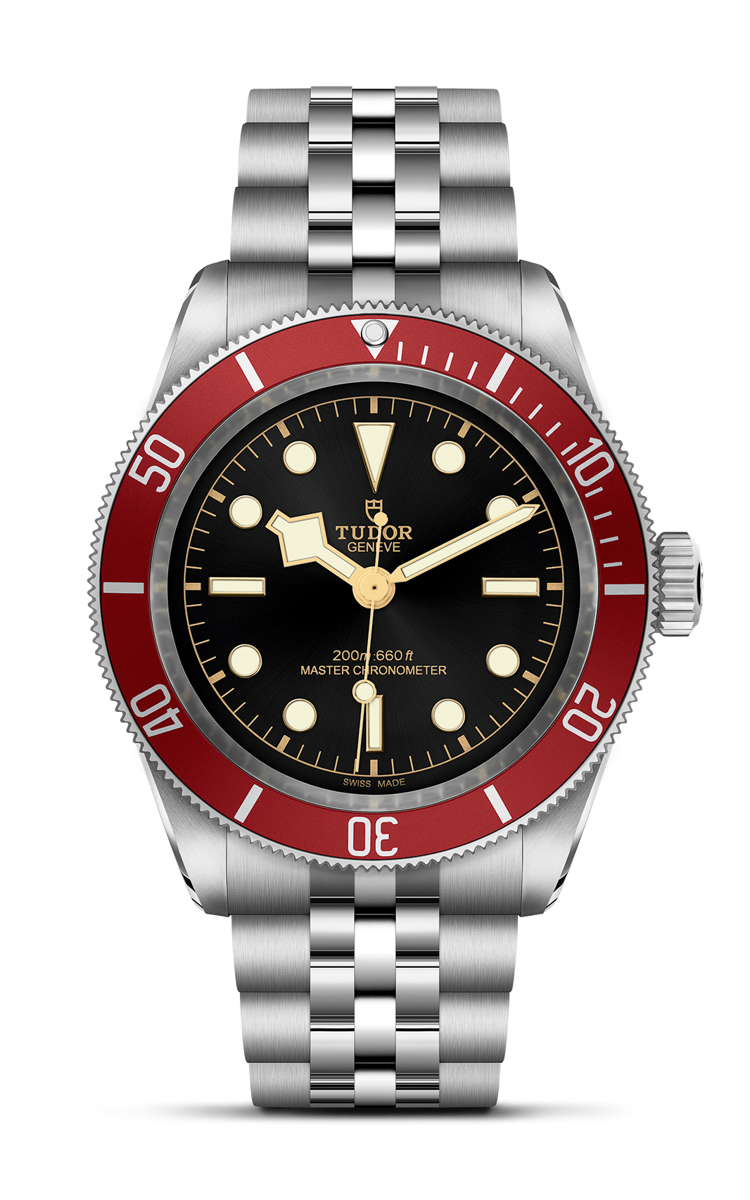 A stainless steel TUDOR wristwatch with a black dial and red bezel.