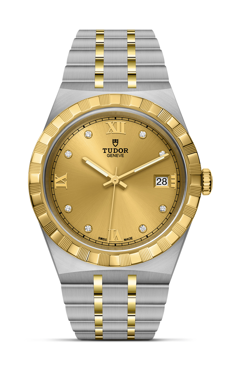 A yellow gold and stainless steel TUDOR wristwatch with roman numerals, a yellow gold bezel, and diamond indexes.