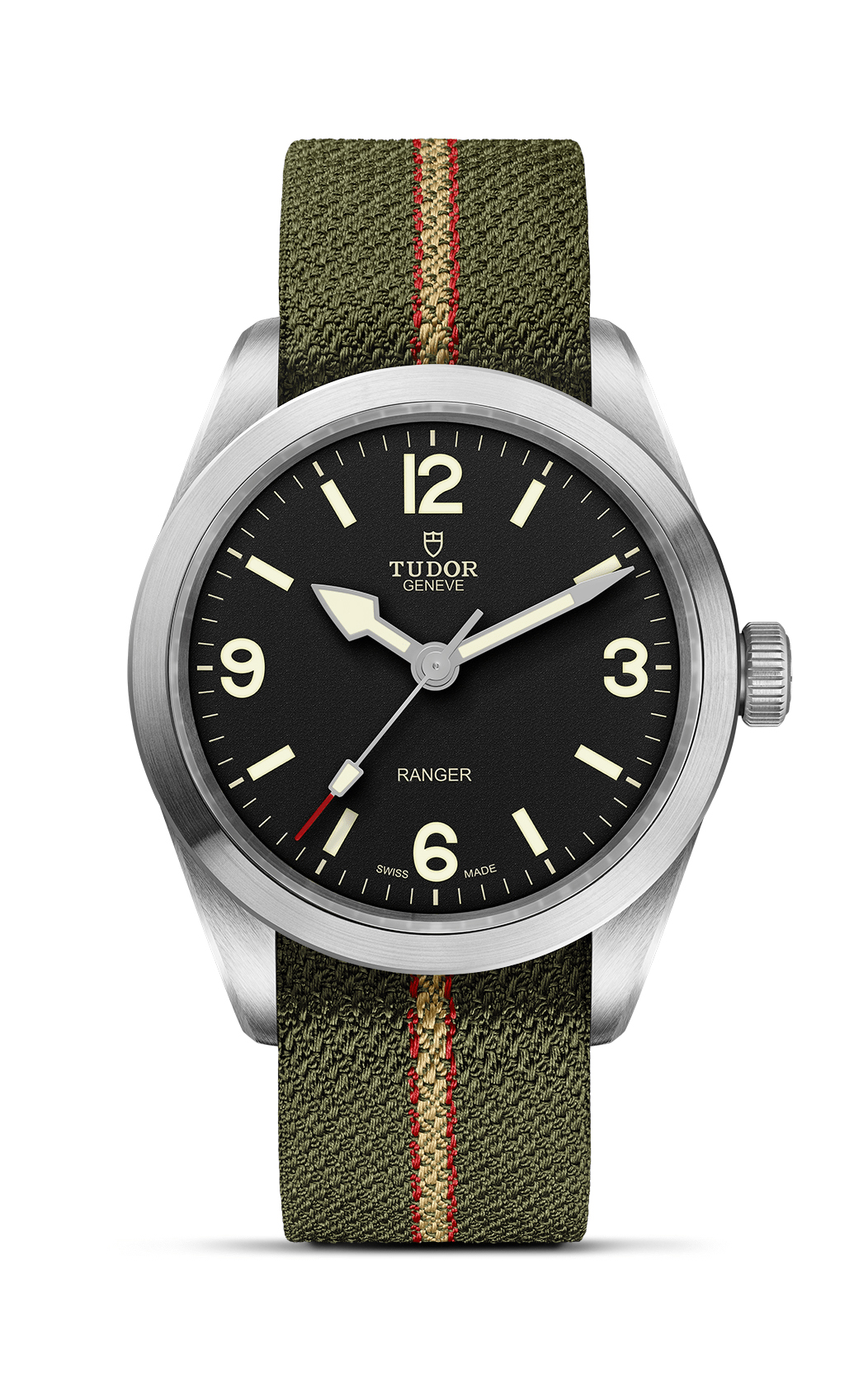 A TUDOR wristwatch with a green fabric band and black dial with arab numerals.