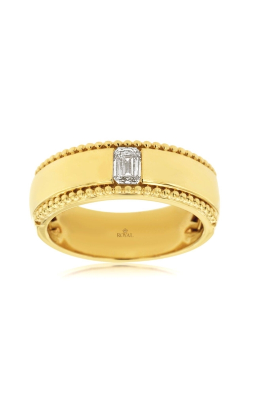 Stylish gold ring adorned with an emerald-cut diamond, bordered by a beaded edge.