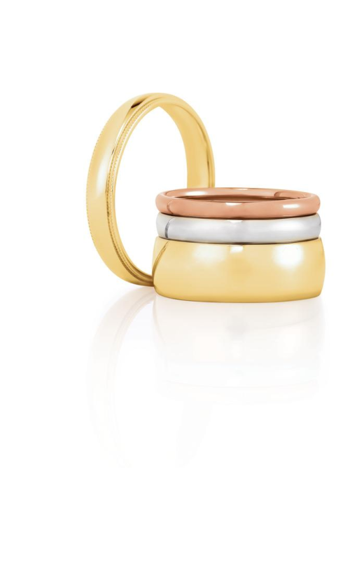 Polished and minimalist design wedding rings in gold, silver, and rose gold.