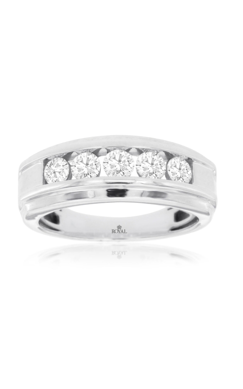 Luxurious silver band ring with five round, sparkling diamonds set in a row.