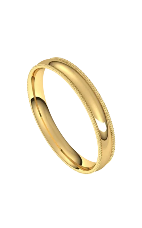 Shiny gold band with a subtle finish and beaded edges, symbolizing commitment.