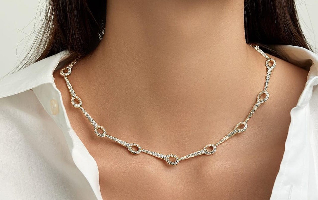 a woman wearing a Melissa Kaye diamond necklace a woman wearing a Melissa Kaye diamond necklace