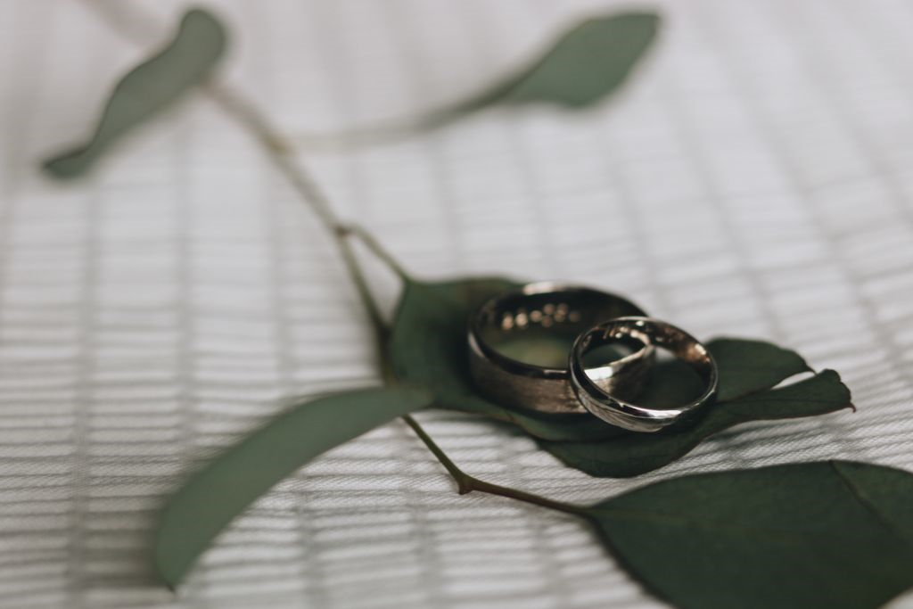 two wedding bands sitting on a leaf